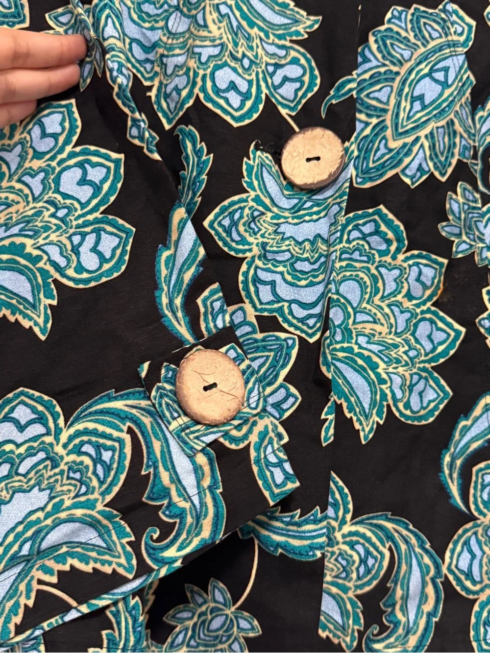 Jaclyn Smith Paisley Linen Blend Blouse Blue Black 3/4 Sleeve Women’s Pocket (S)